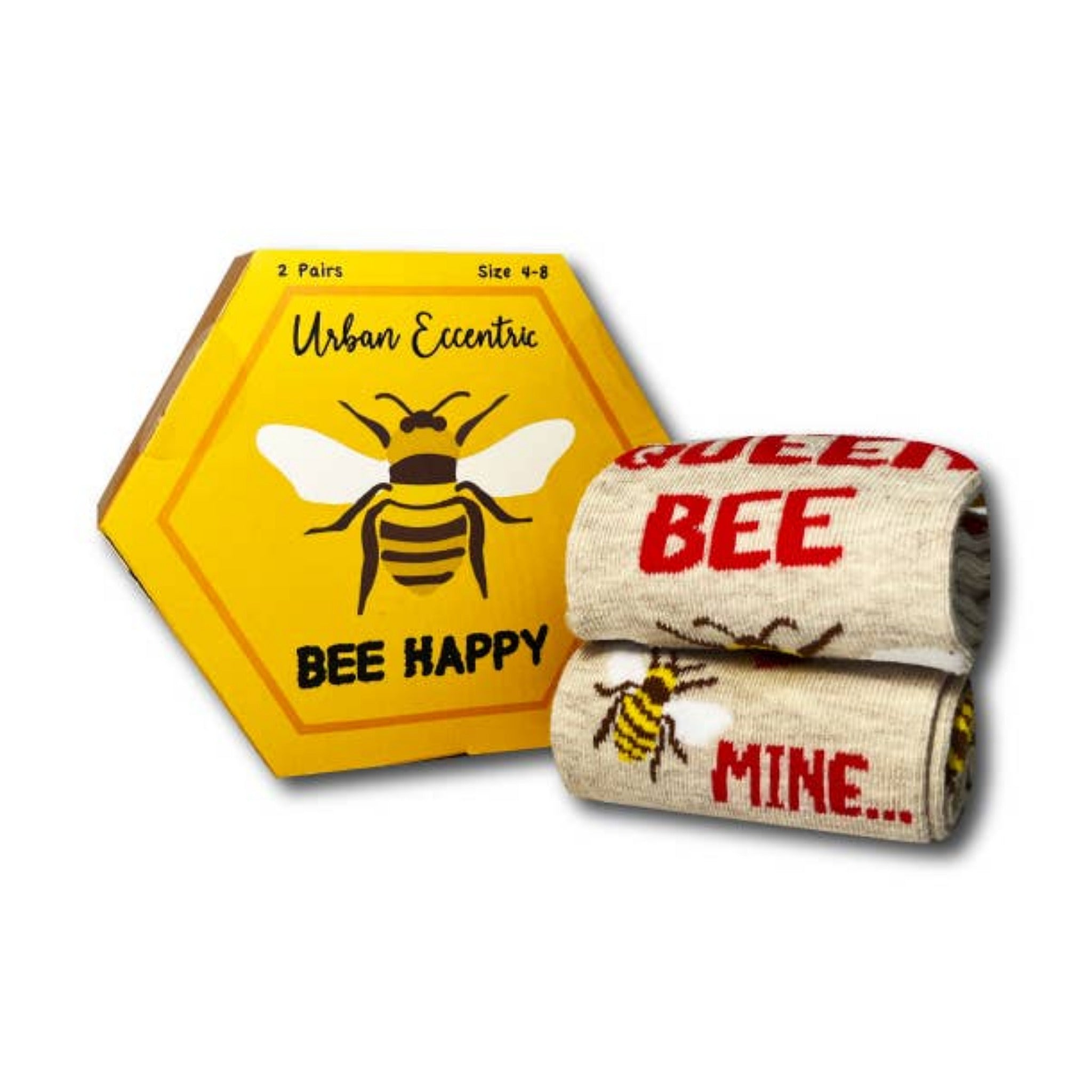 Bee themed socks gift box with two pairs showing bee happy and queen bee designs