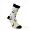 Grey sock with yellow bell and black 'END' pattern on a white background
