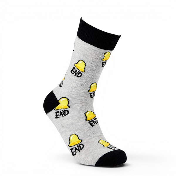 Grey sock with yellow bell and black 'END' pattern on a white background