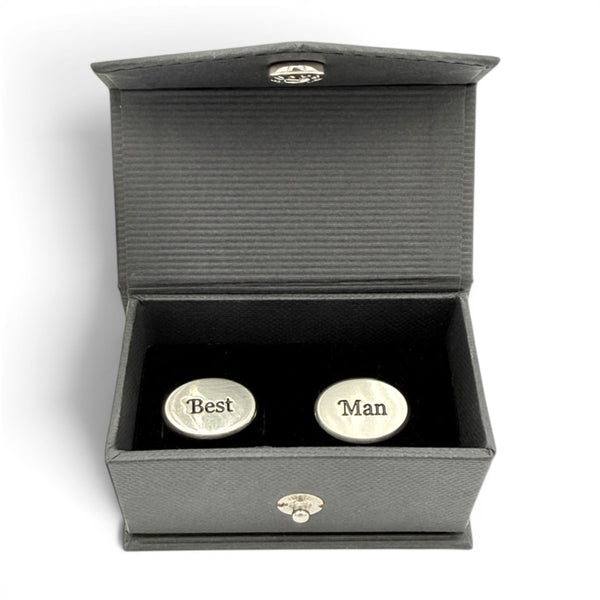 Best Man cufflinks displayed inside black presentation gift box