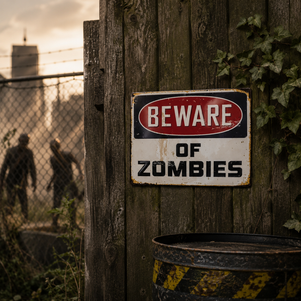 Beware Of Zombies metal warning sign mounted on a weathered wooden fence in a post apocalyptic outdoor scene