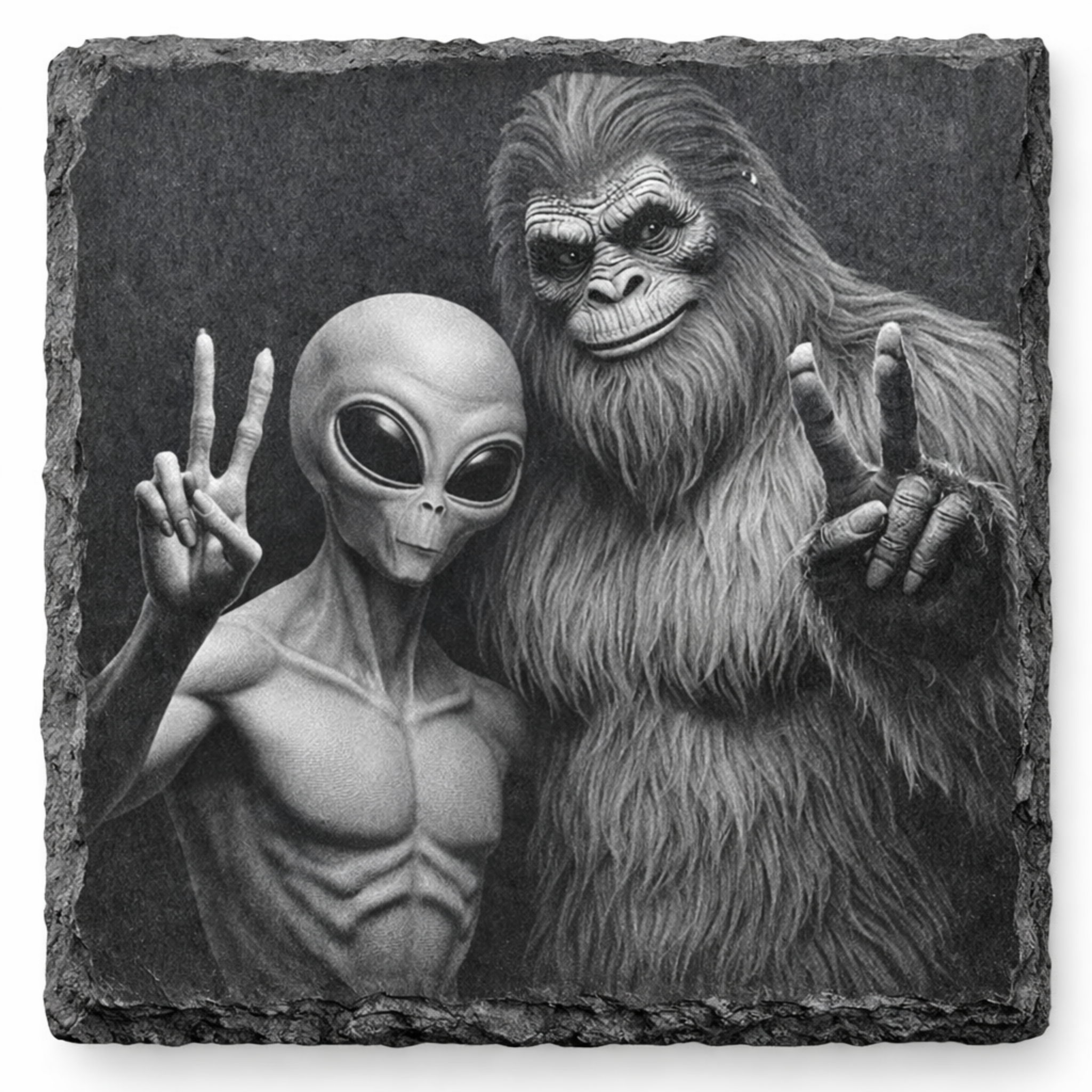Laser engraved Bigfoot and alien slate coaster on natural slate