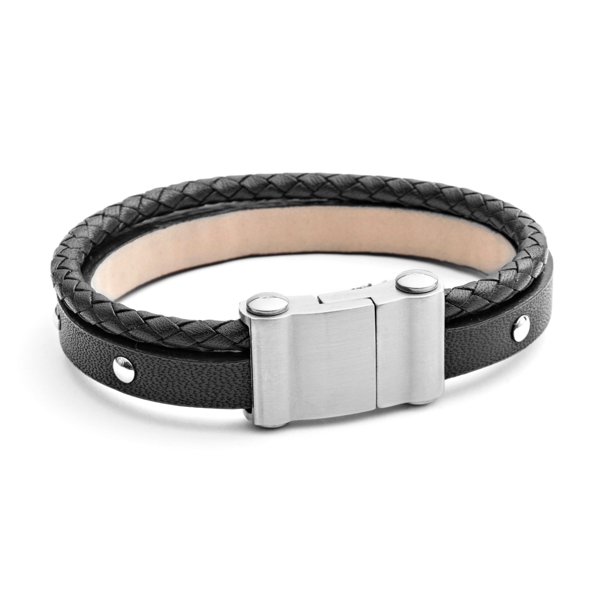 Black 10mm two strand leather bracelet with matte stainless steel magnetic clasp
