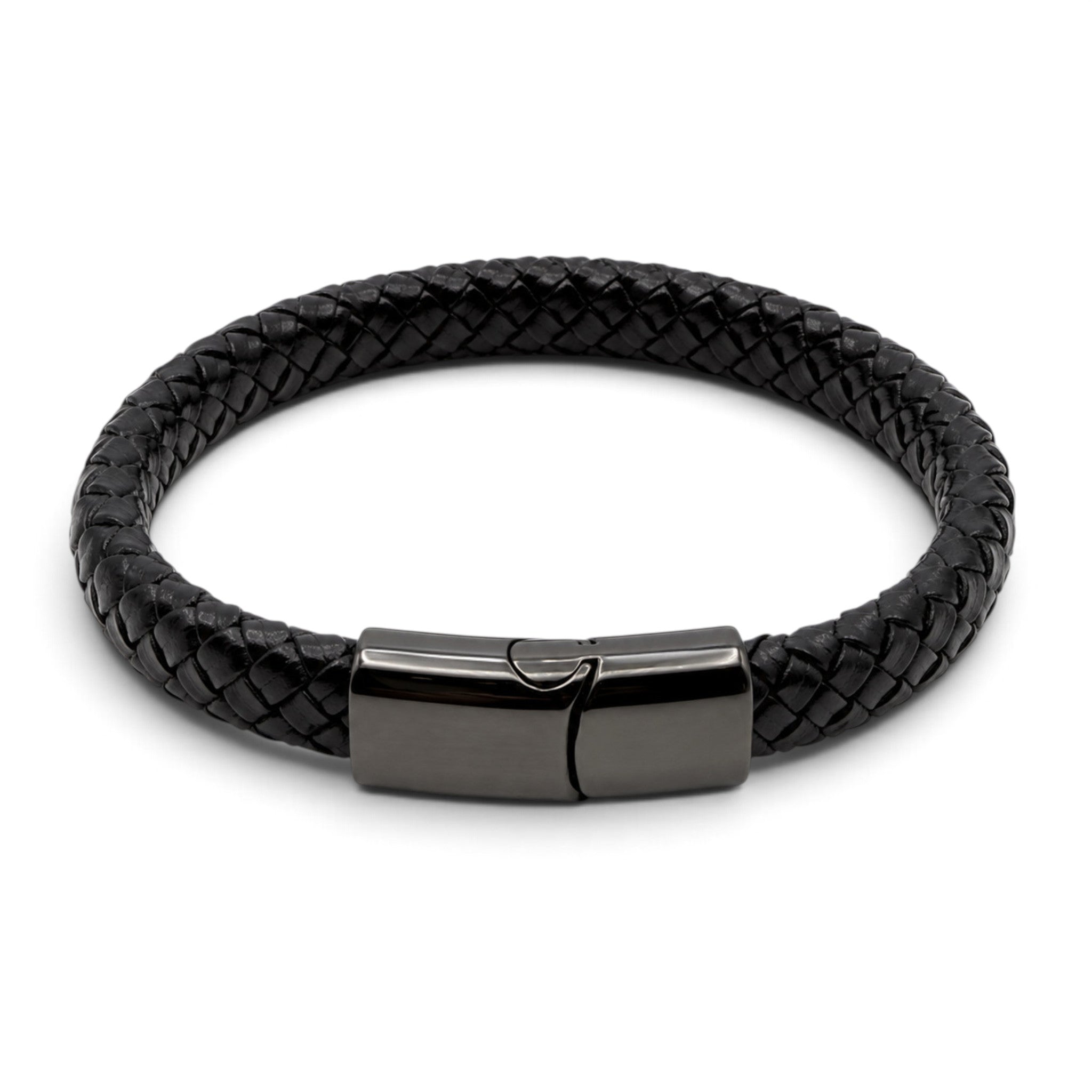 Black 12mm braided leather bracelet with polished stainless steel magnetic slide clasp.