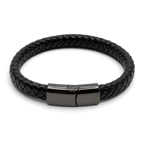 Black 12mm braided leather bracelet with polished stainless steel magnetic slide clasp.