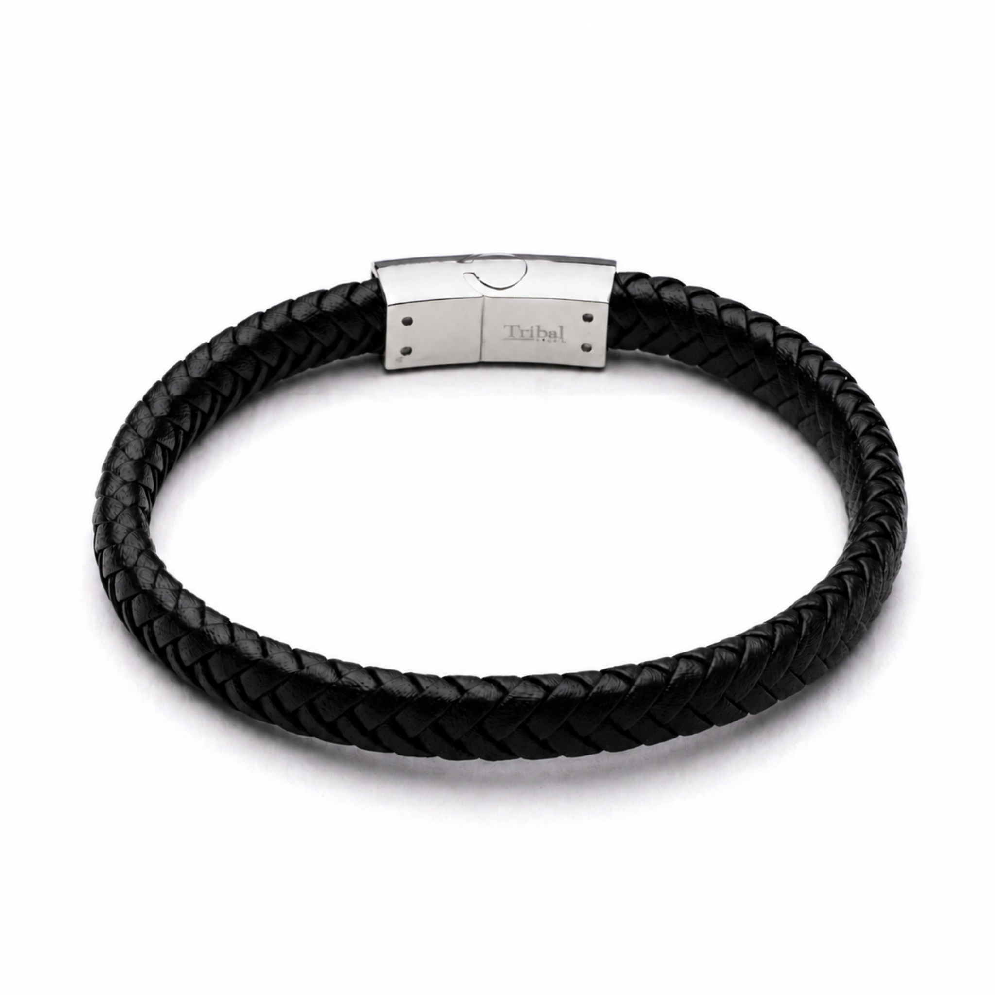Black 8mm plaited leather bracelet with stainless steel magnetic clasp