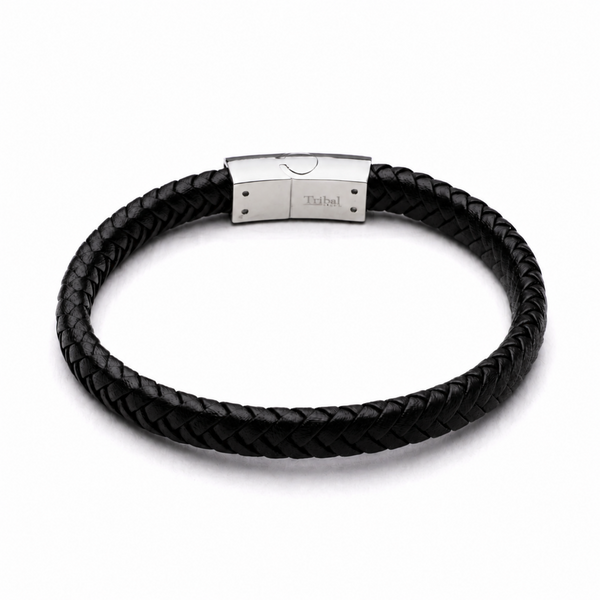 Black 8mm plaited leather bracelet with stainless steel magnetic clasp