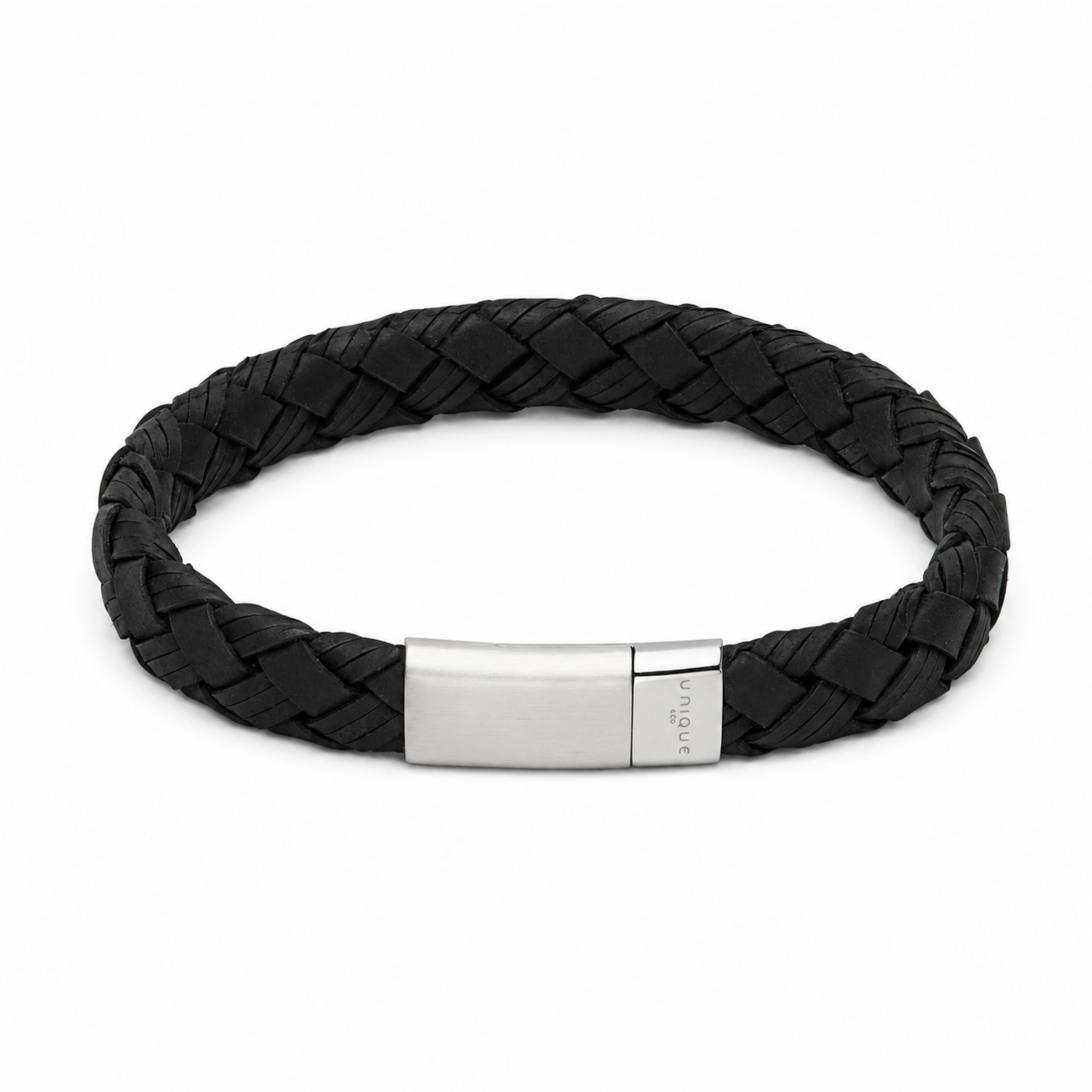 Black braided leather bracelet with stainless steel magnetic clasp on a white background