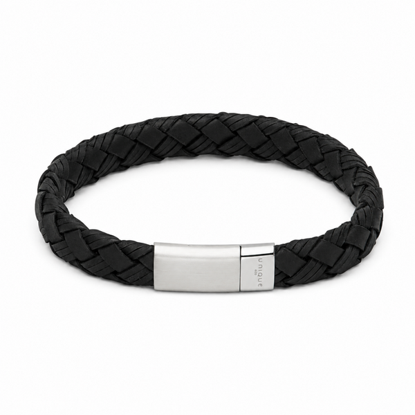 Black braided leather bracelet with stainless steel magnetic clasp on a white background