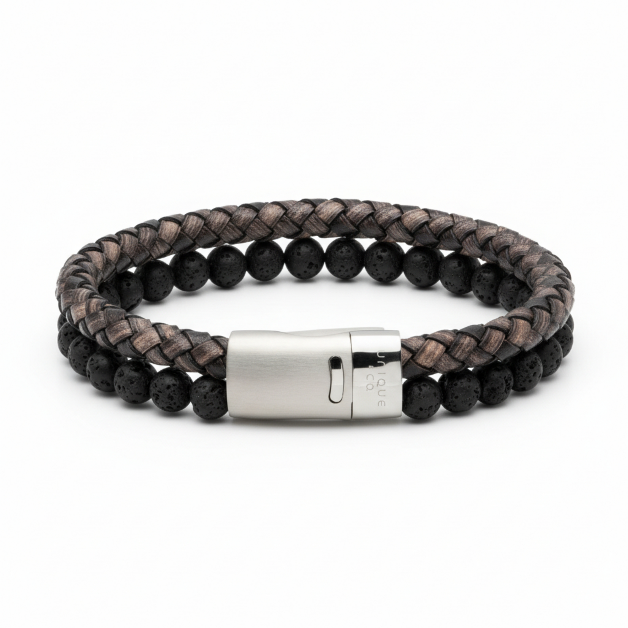Black braided leather and lava stone bead bracelet with stainless steel magnetic clasp on a white background