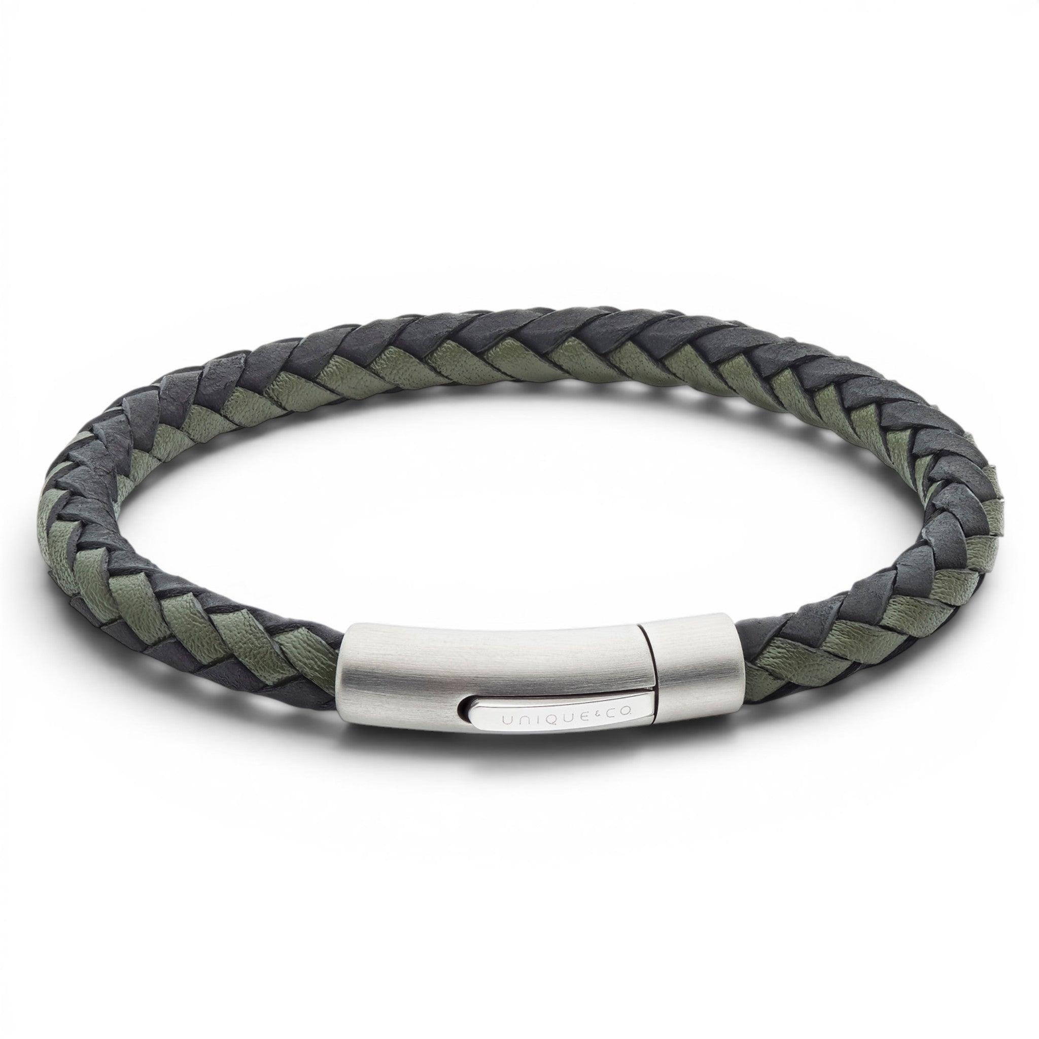 Black and dark green braided leather bracelet with stainless steel clasp on a white background