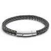 Black and dark green braided leather bracelet with stainless steel clasp on a white background