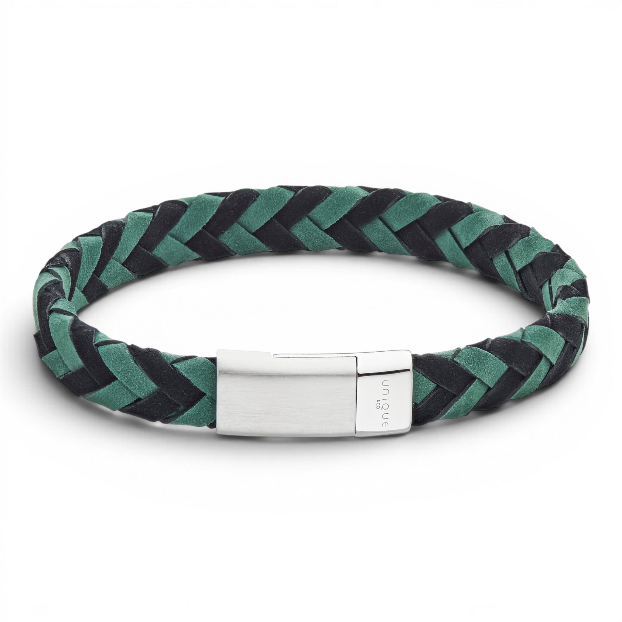 Black and green 10mm braided leather bracelet with stainless steel magnetic clasp on a white background