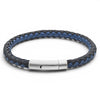 Black and navy braided leather bracelet with stainless steel clasp on a white background