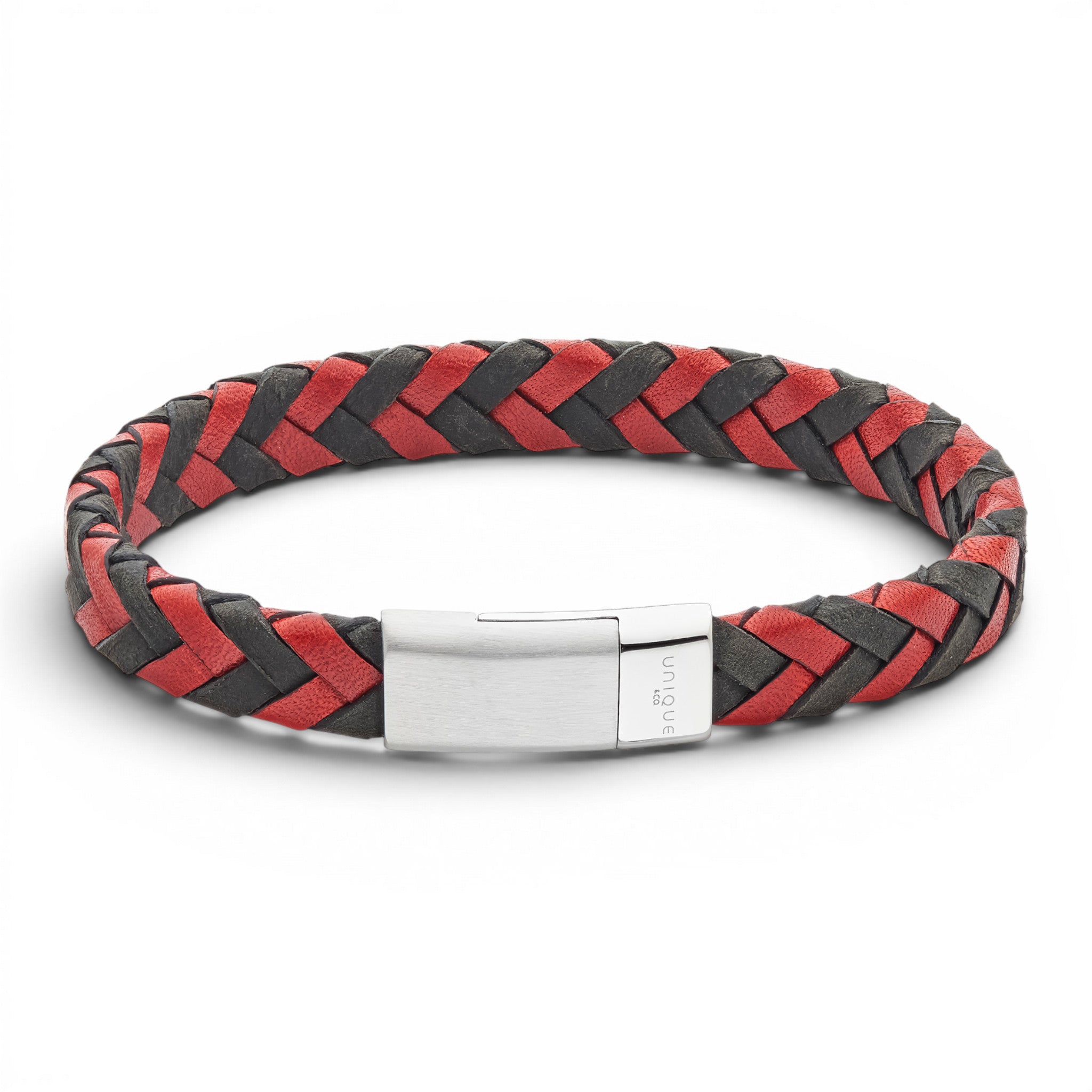 Black and red 10mm braided leather bracelet with stainless steel magnetic clasp on a white background