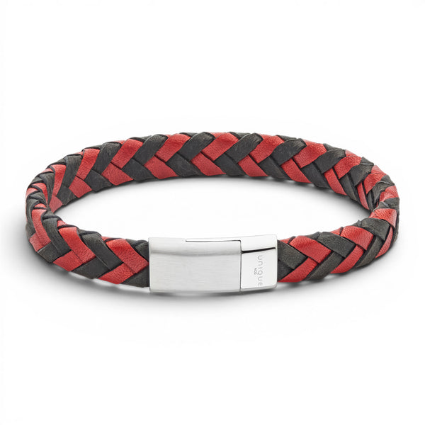Black and red 10mm braided leather bracelet with stainless steel magnetic clasp on a white background