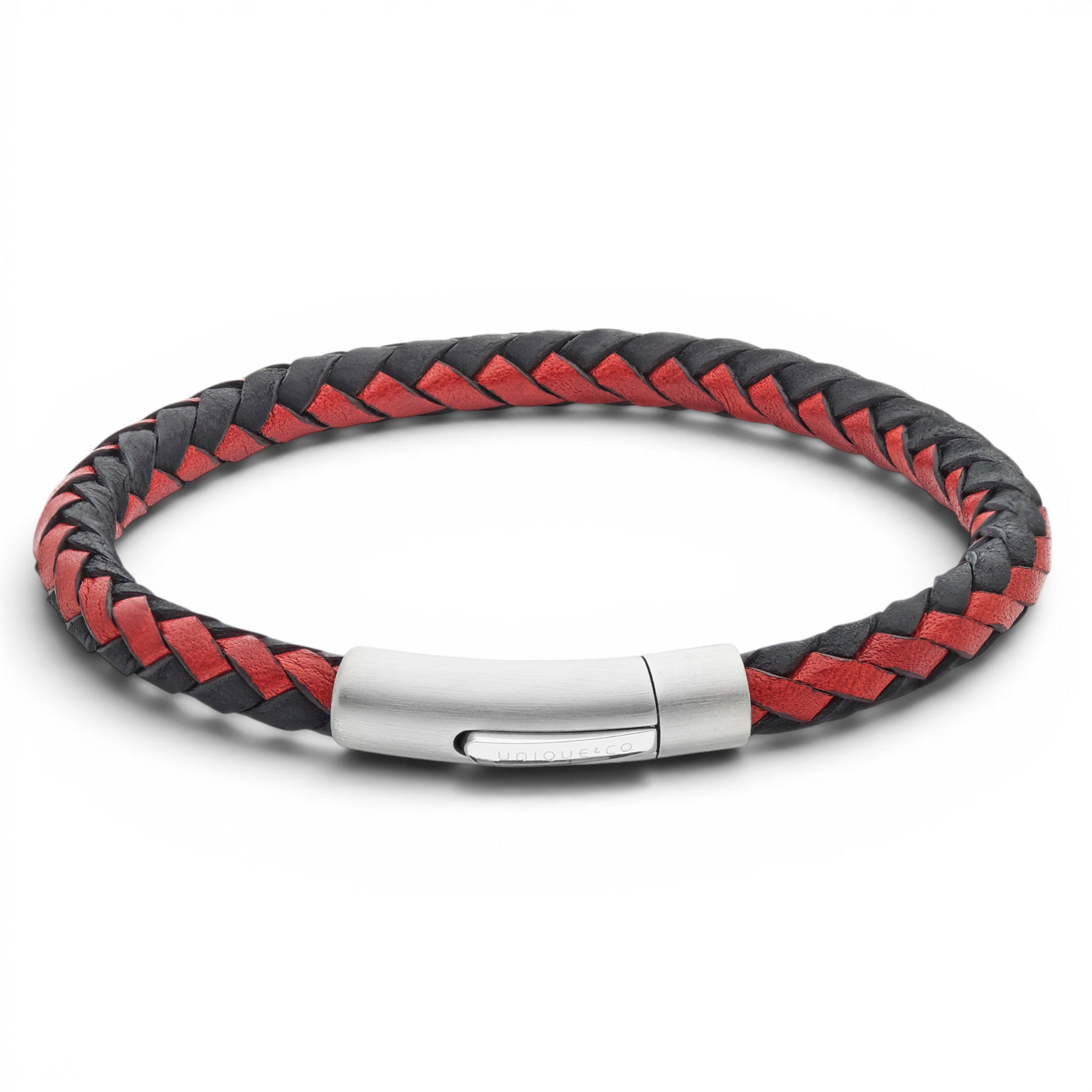 Black and red braided leather bracelet with stainless steel clasp on a white background