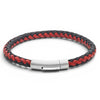 Black and red braided leather bracelet with stainless steel clasp on a white background
