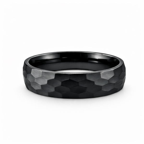 6mm black titanium ring with hammered effect texture and brushed finish on a white background