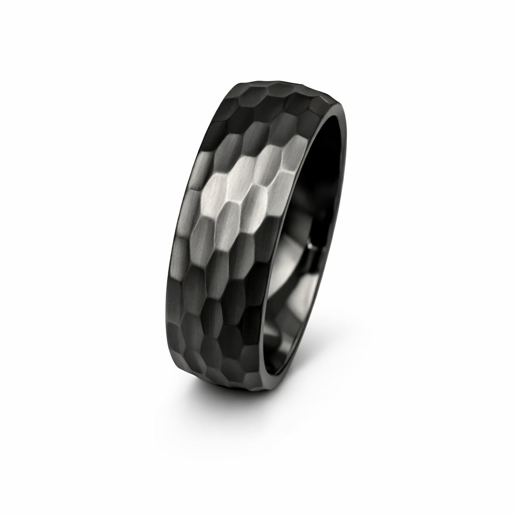 8mm black titanium ring with hammered effect texture and brushed finish on white background