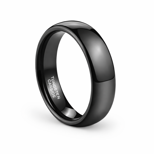 6mm black tungsten carbide ring with polished finish on white background