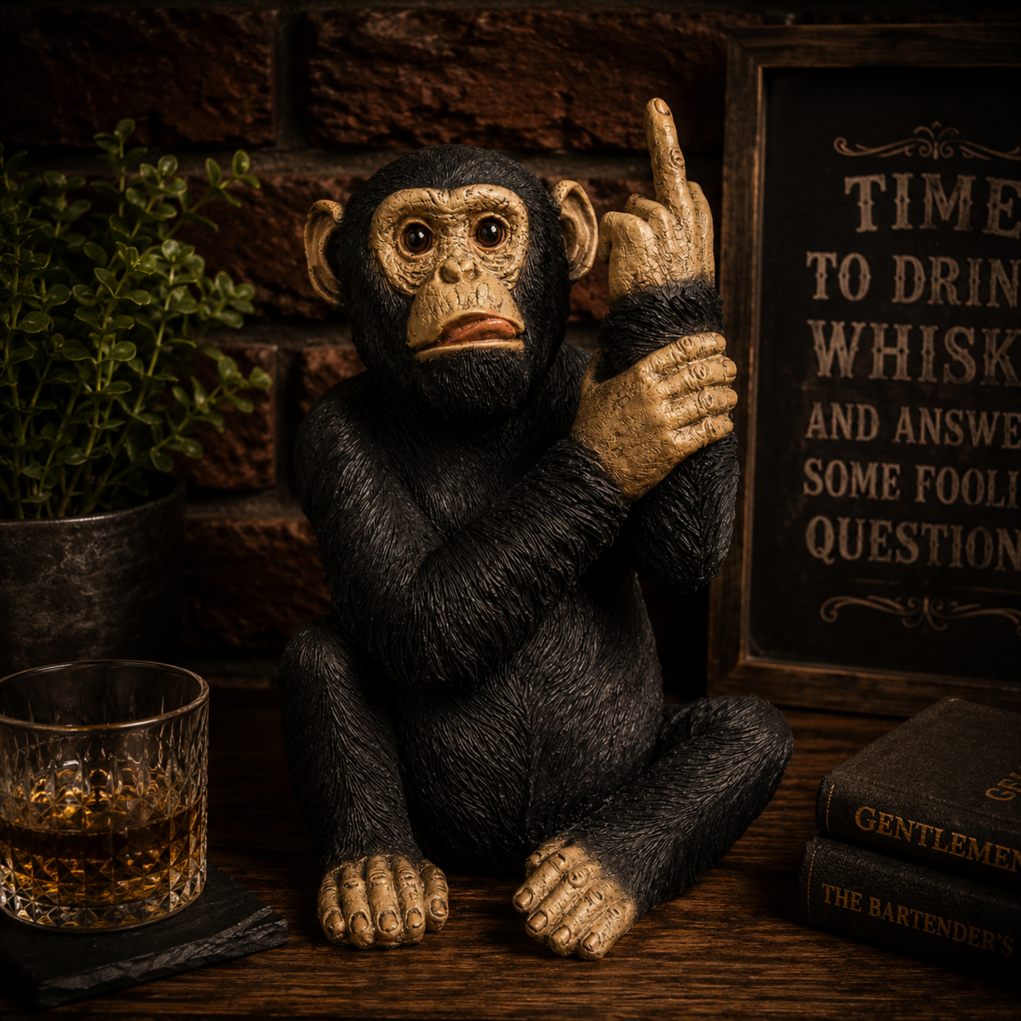 Black resin monkey ornament with raised middle finger styled in a warm rustic home bar interior