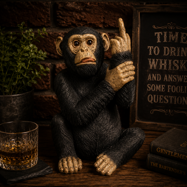 Black resin monkey ornament with raised middle finger styled in a warm rustic home bar interior