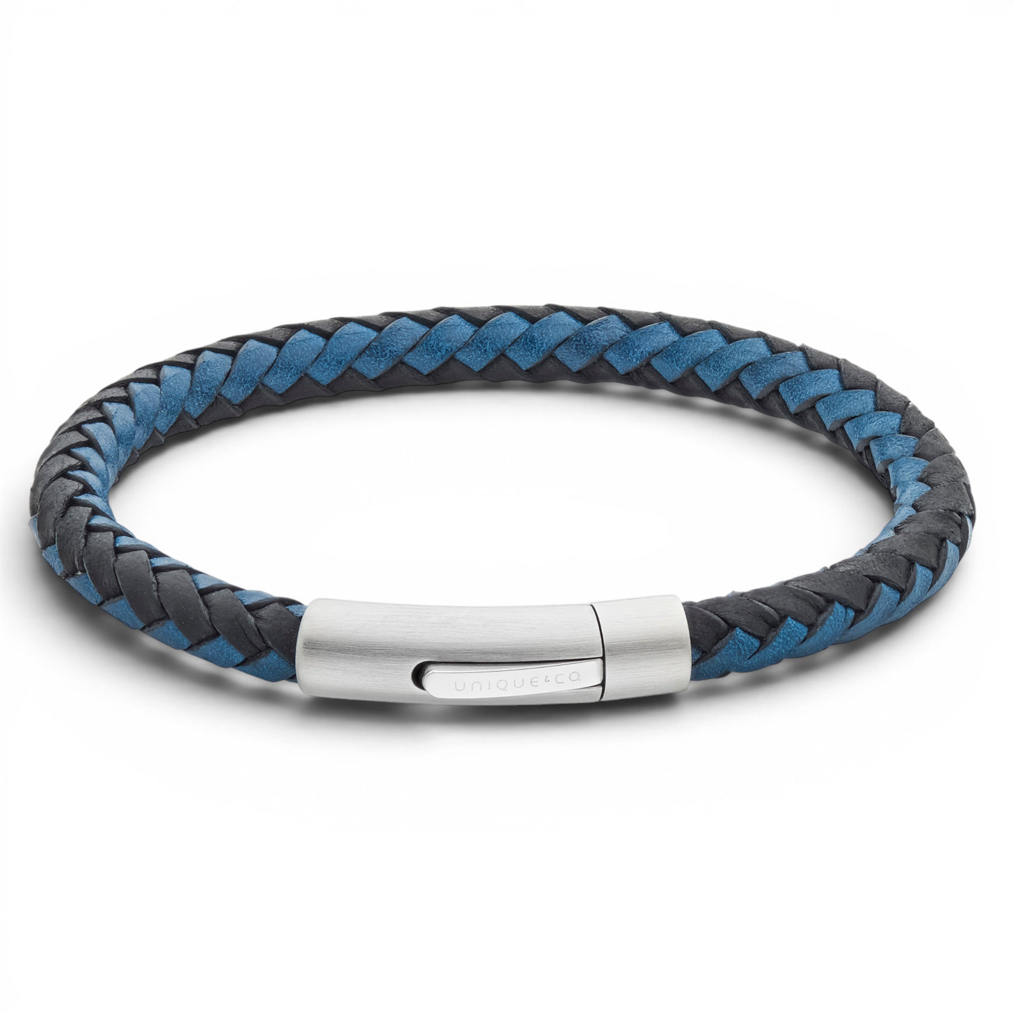 Black and waxy blue braided leather bracelet with stainless steel clasp on a white background