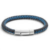 Black and waxy blue braided leather bracelet with stainless steel clasp on a white background
