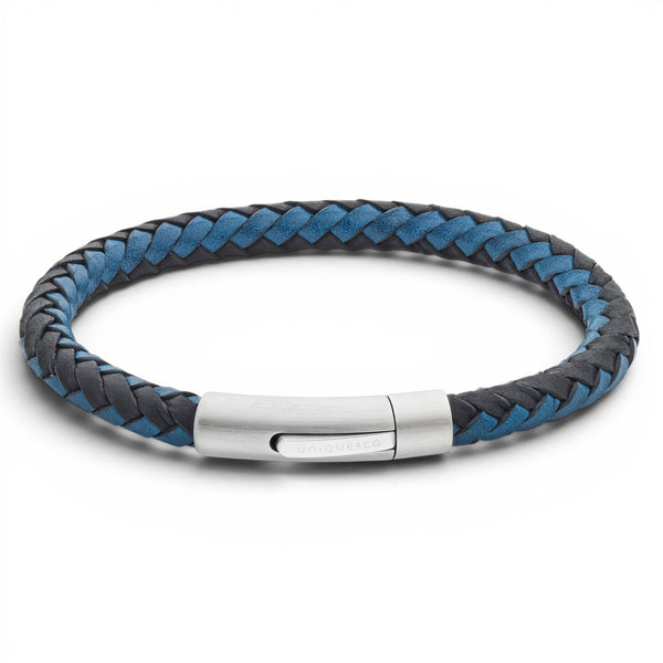 Black and waxy blue braided leather bracelet with stainless steel clasp on a white background