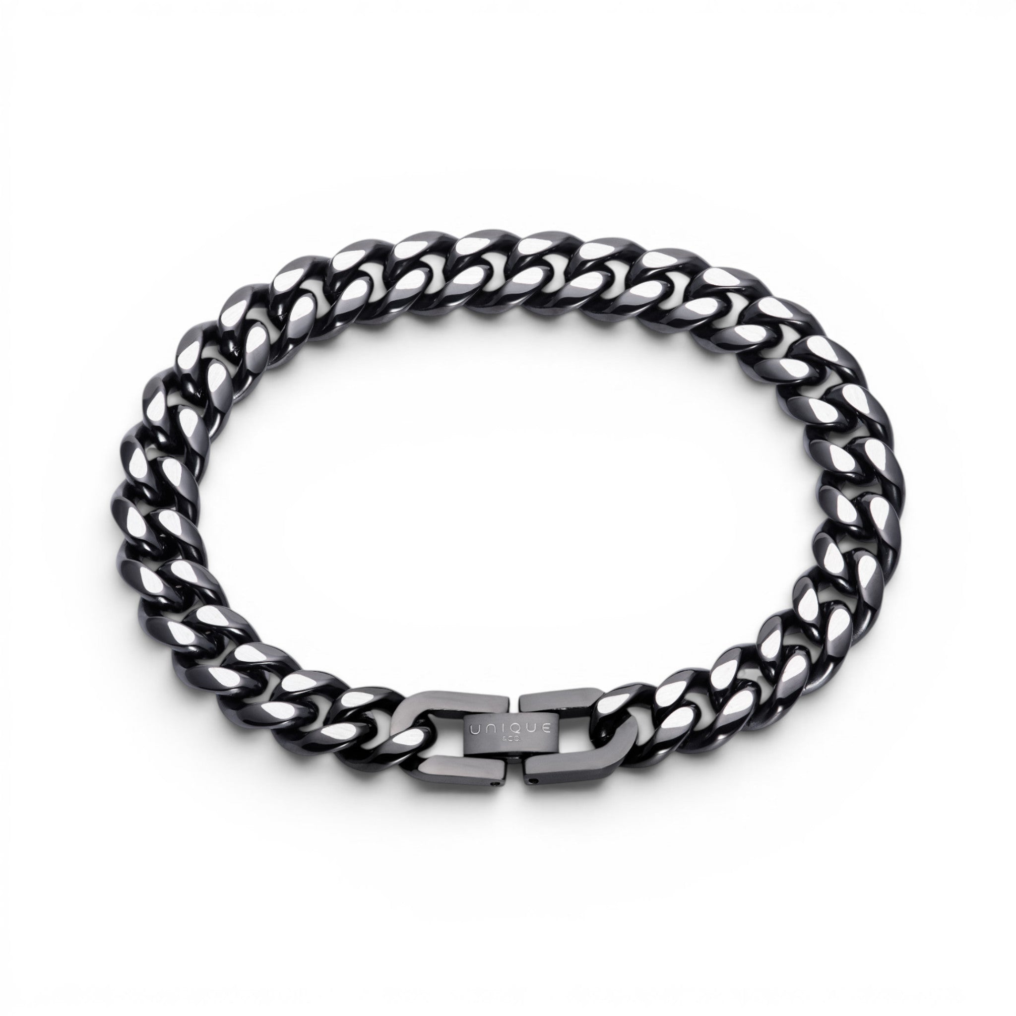 10mm stainless steel curb chain bracelet with black ion plated finish and secure clasp
