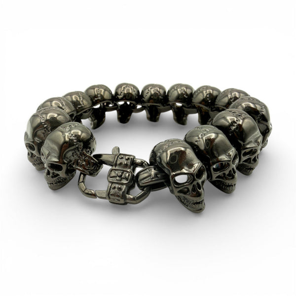 Heavyweight black IP plated stainless steel skull link bracelet with trigger clasp