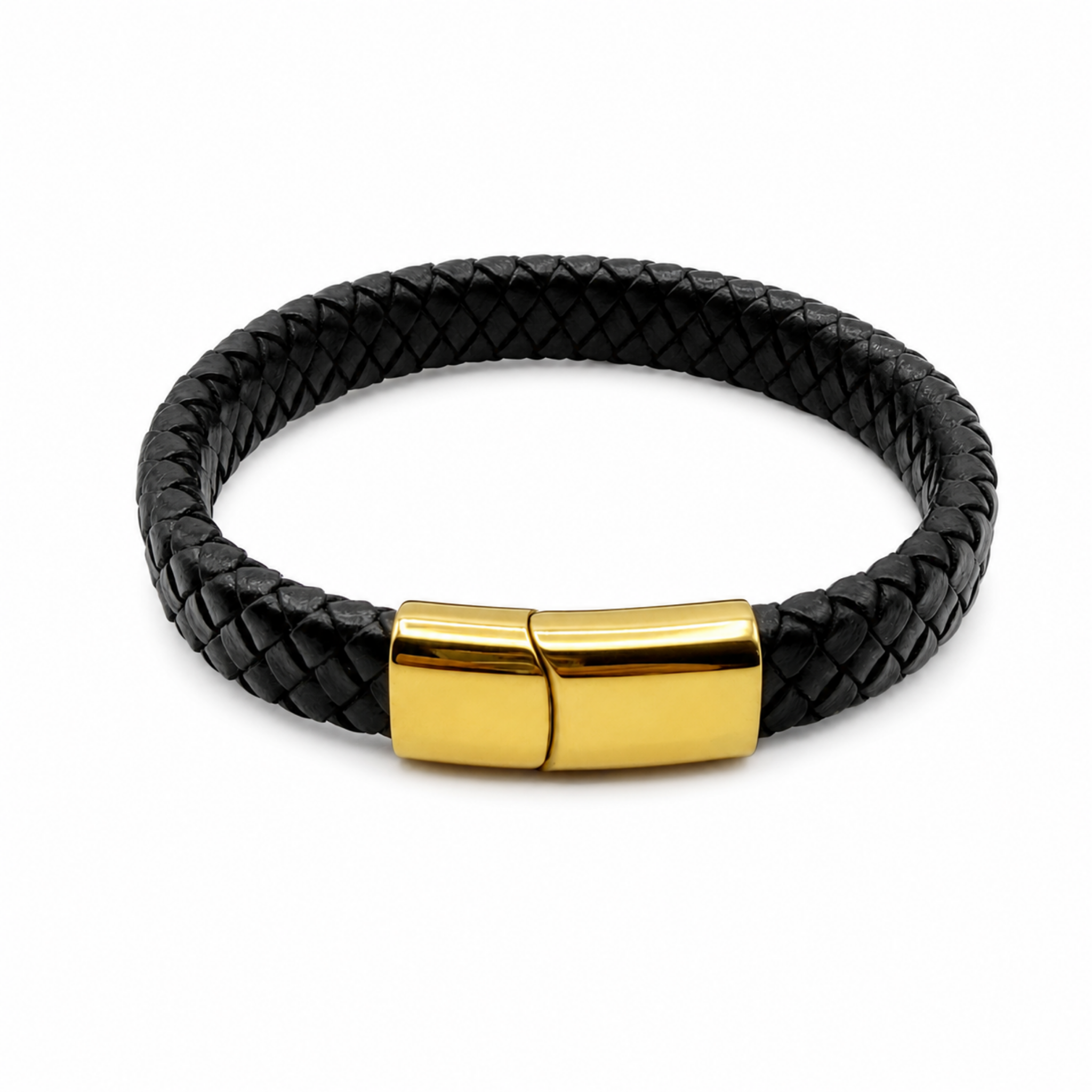 Black 12mm braided leather bracelet with polished 18ct gold plated magnetic slide clasp