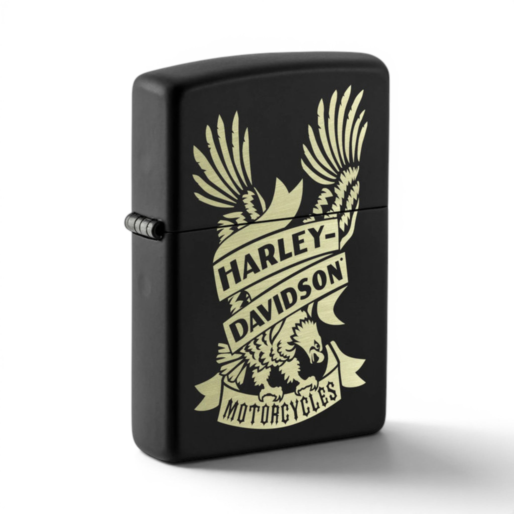 Black Matte Harley-Davidson Motorcycles Zippo windproof lighter with a laser engraved eagle and banner design.