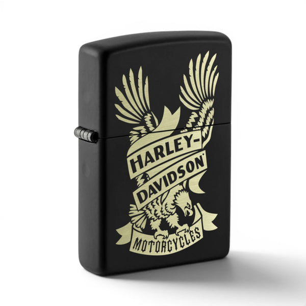 Black Matte Harley-Davidson Motorcycles Zippo windproof lighter with a laser engraved eagle and banner design.