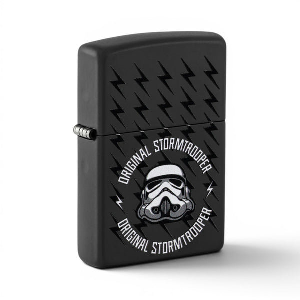 Black Matte Original Stormtrooper Bolt Design Zippo windproof lighter featuring the iconic Stormtrooper helmet with monochrome lightning bolts.