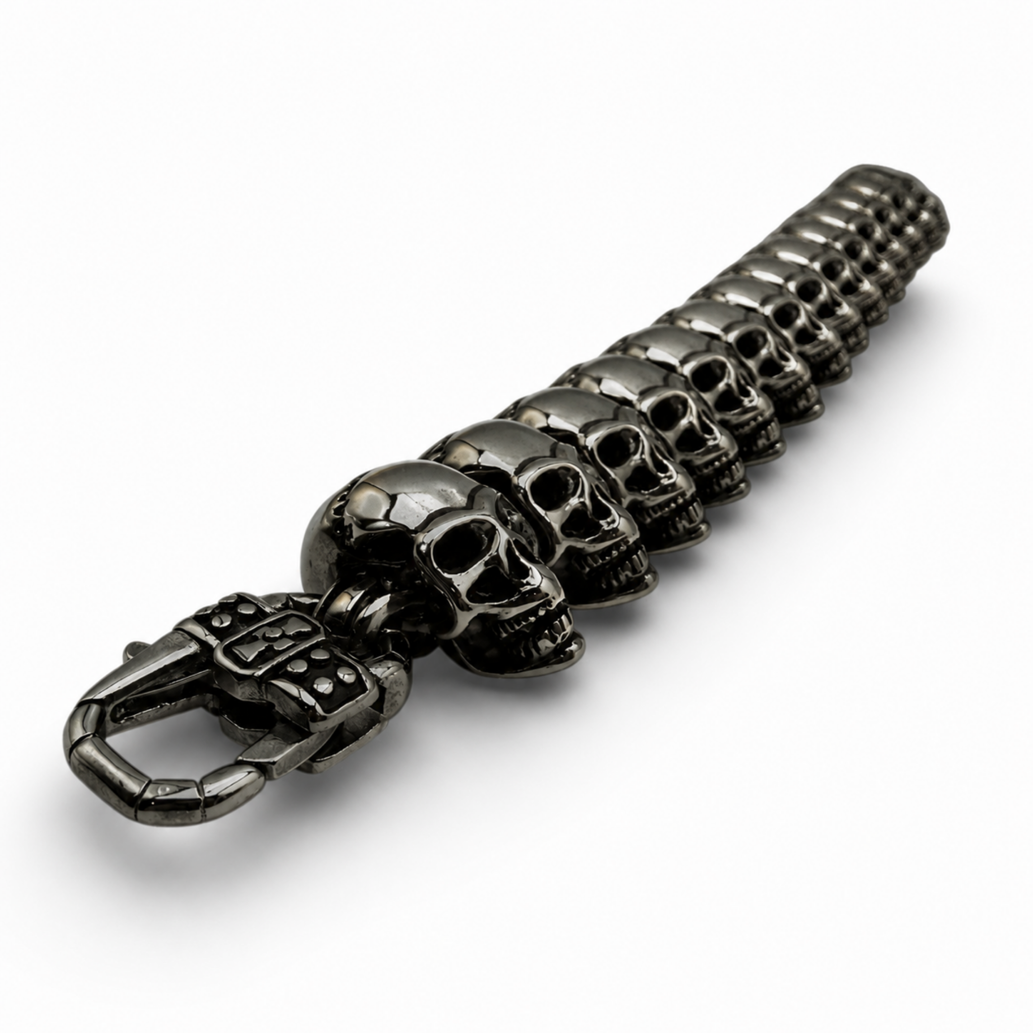 Close up of black IP plated stainless steel skull bracelet trigger clasp and skull links