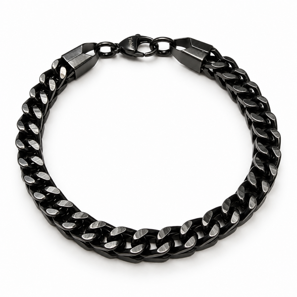 Black ion plated stainless steel 5mm wheat chain bracelet with lobster clasp on a white background.
