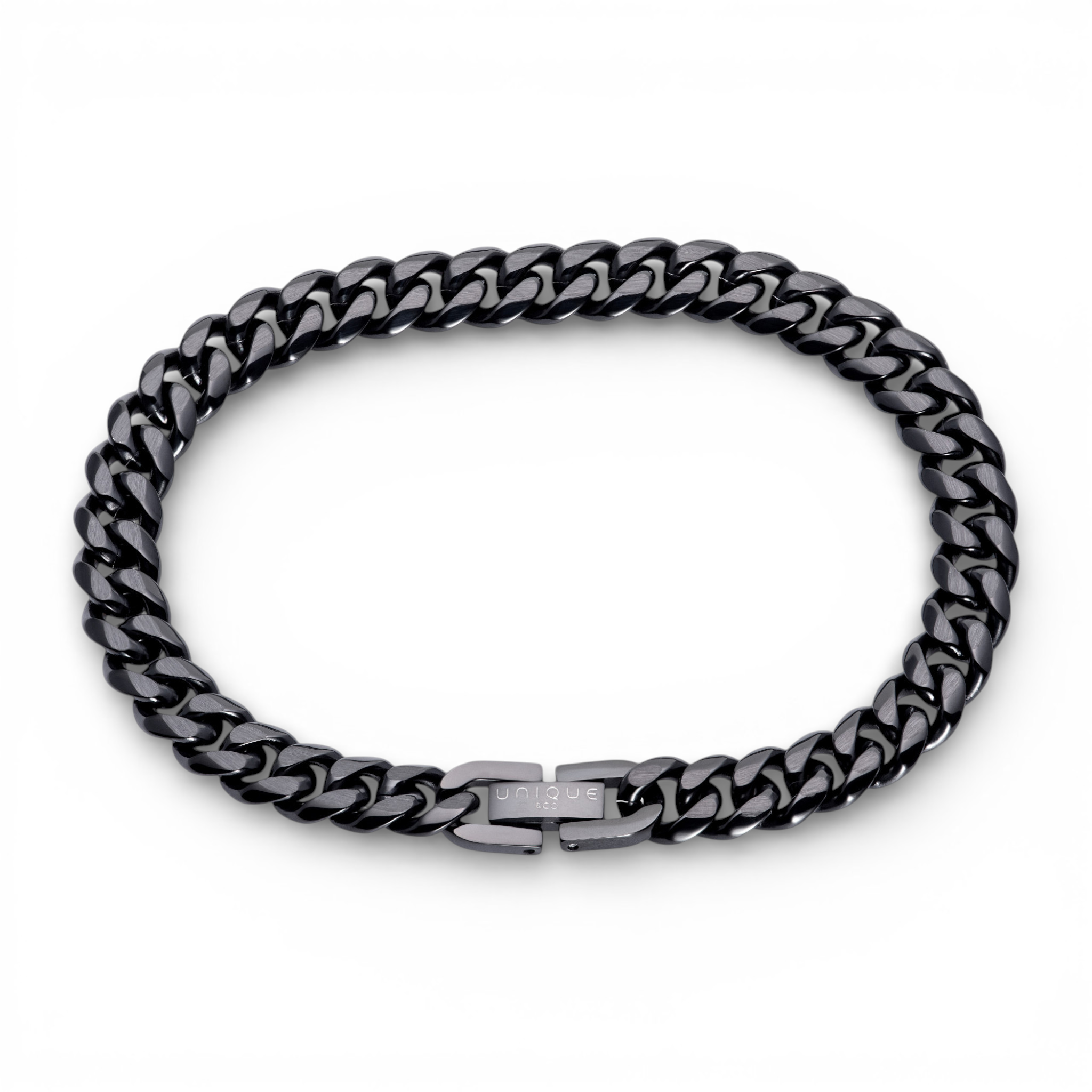 Black stainless steel 8mm curb chain bracelet with matte and polished links on white background
