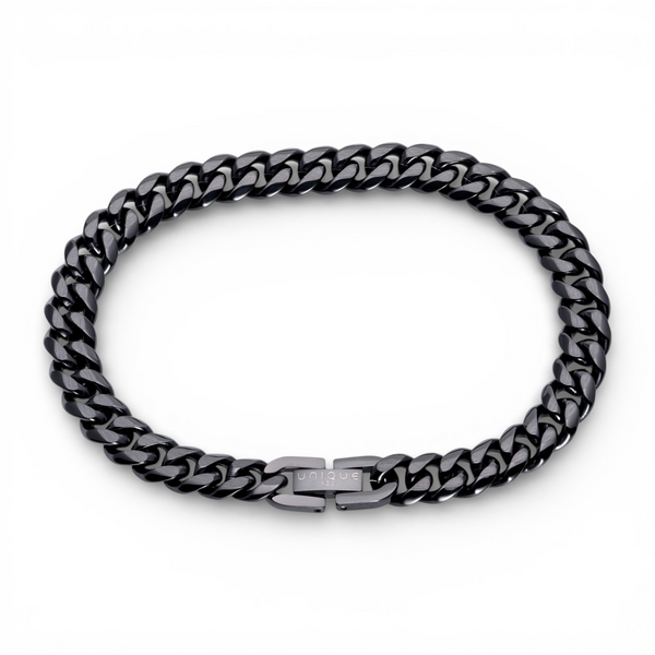 Black stainless steel 8mm curb chain bracelet with matte and polished links on white background