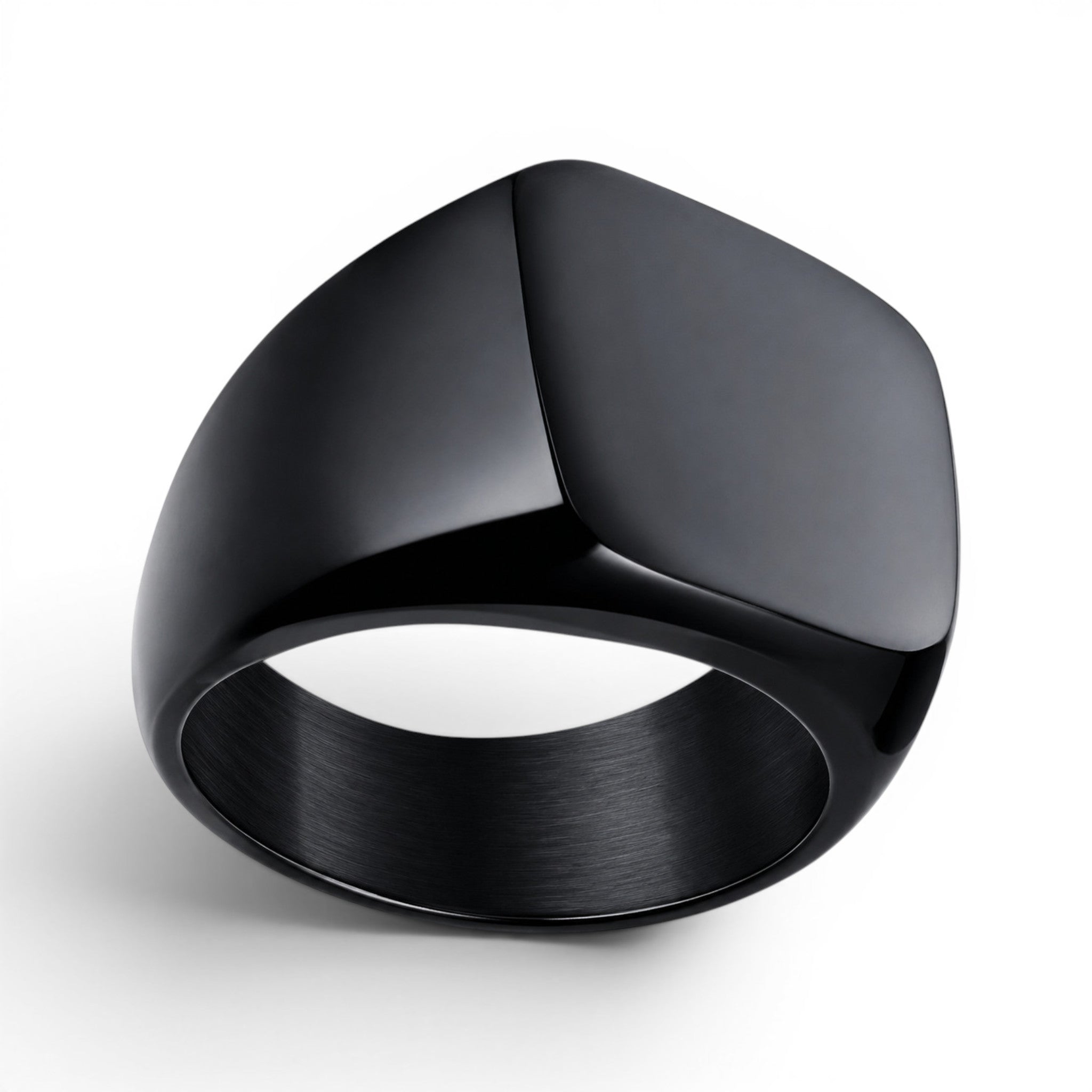 Black IP plated stainless steel signet ring with a smooth 17mm x 14mm face on a white background.