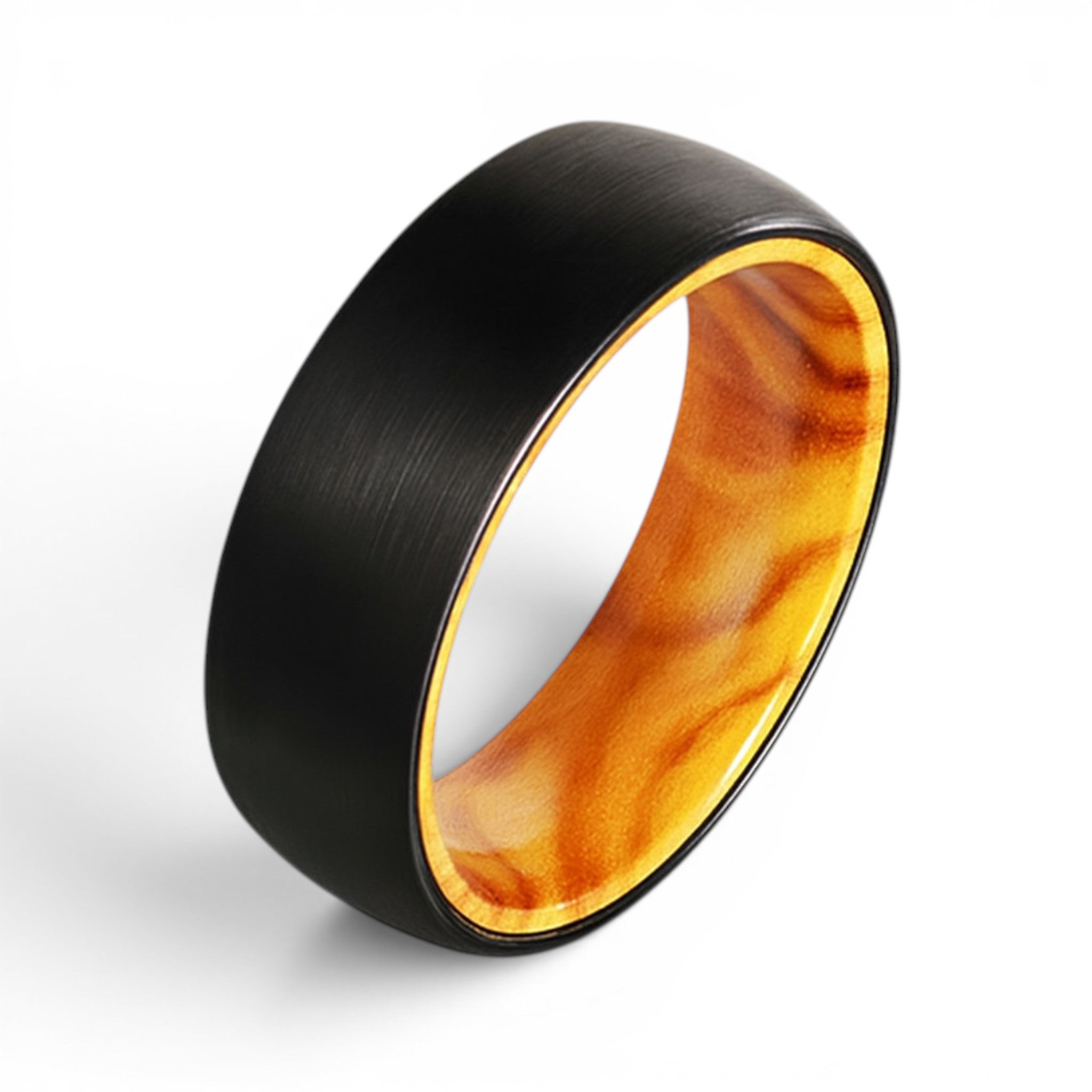 Black tungsten 8mm ring with brushed finish and natural olive wood inner band