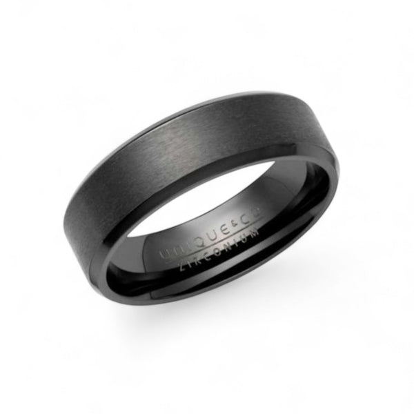 black zirconium ring 7mm with matte finish and comfort fit interior on white background