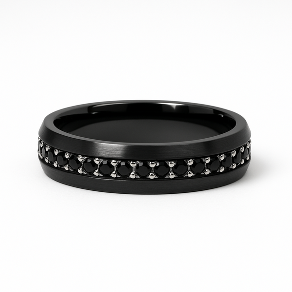 black zirconium ring with silver chain detail and black cubic zirconia stones on white background