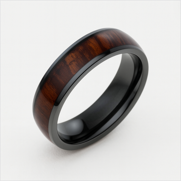 black zirconium ring with polished finish and wood inlay centre on white background
