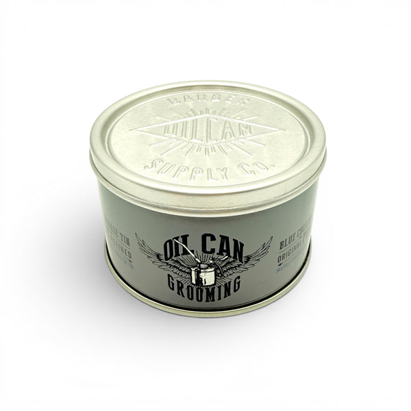 Blue Collar Original Pomade tin with vintage style Oil Can Grooming branding on white background