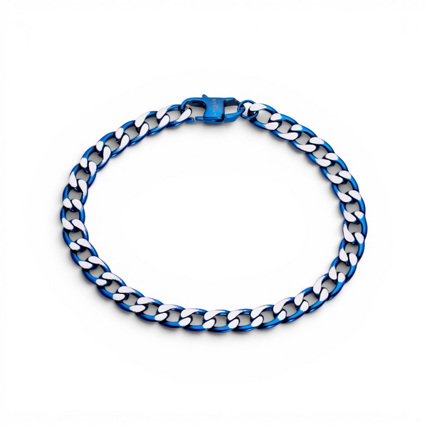 7mm stainless steel curb chain bracelet with blue ion plated finish and secure clasp