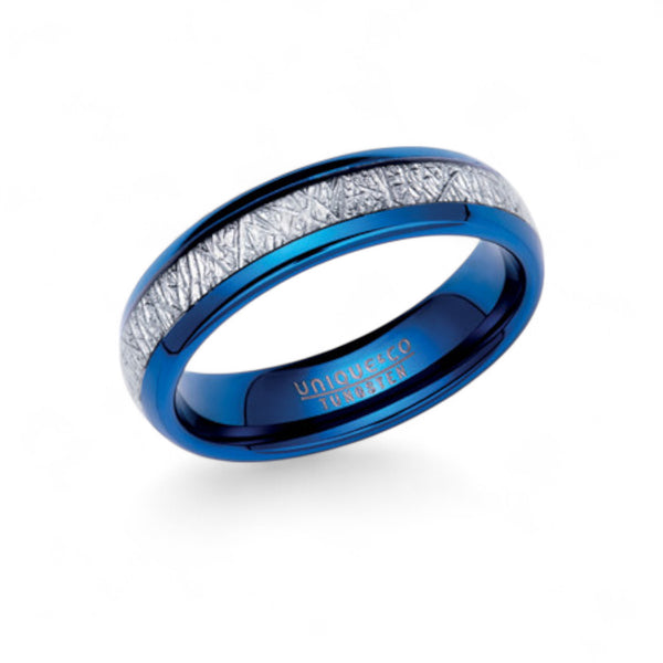 blue tungsten ring with meteorite style inlay centre on white background