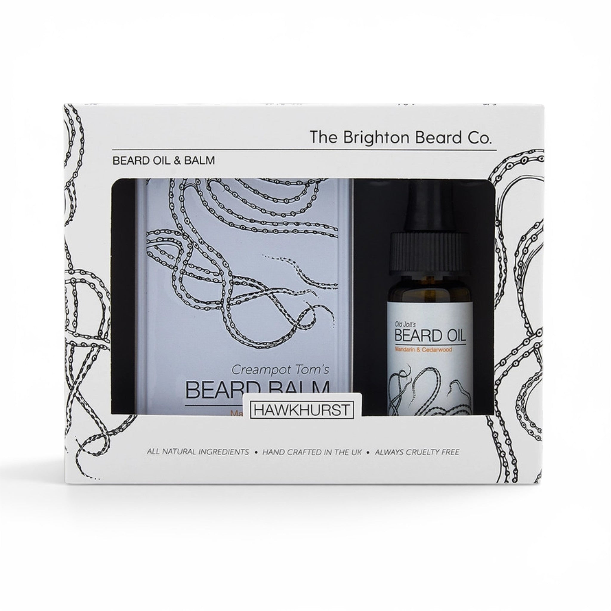 The Brighton Beard Co. Hawkhurst Beard Conditioning Gift Set with Mandarin and Cedarwood beard balm and beard oil in presentation box