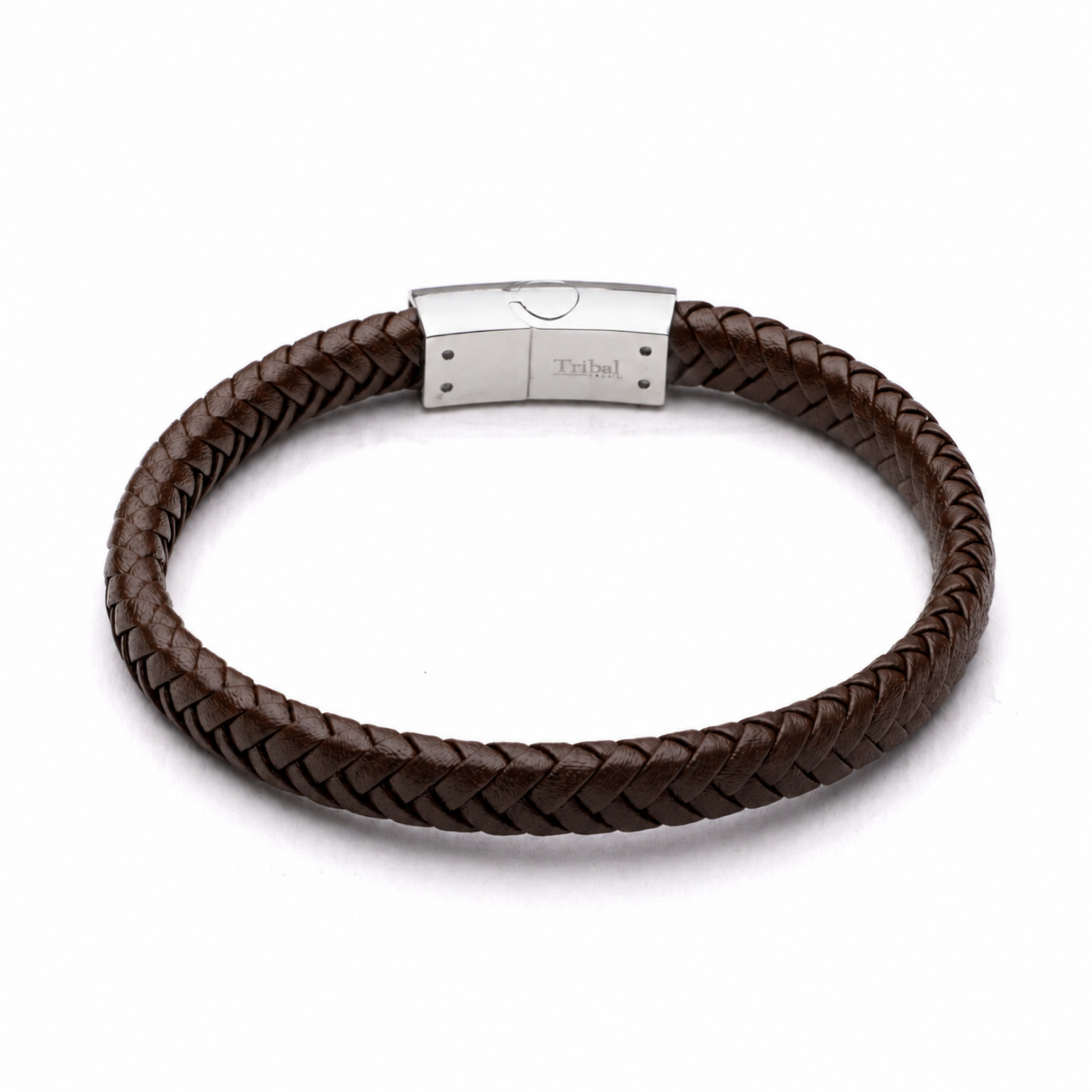 Brown 8mm plaited leather bracelet with stainless steel magnetic clasp